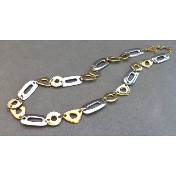 Signed KJL Long GEOMETRIC LINK NECKLACE Silver Gold Adjustable to 29" - Picture 1 of 6